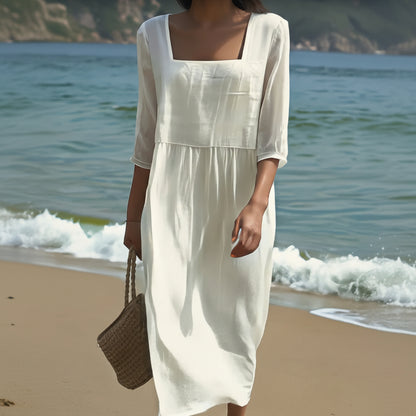 Elegant Square Neck Midi Dress in Soft Cotton-Linen Blend for Summer Style 2