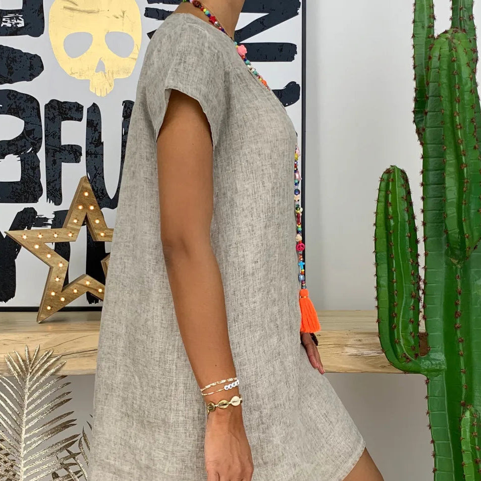 Elegant Summer V-Neck Cotton Linen Dress for Effortless Style 3
