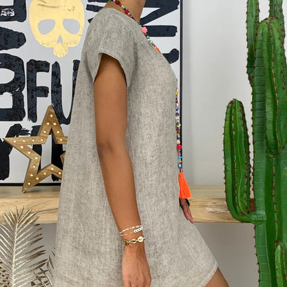 Elegant Summer V-Neck Cotton Linen Dress for Effortless Style 3