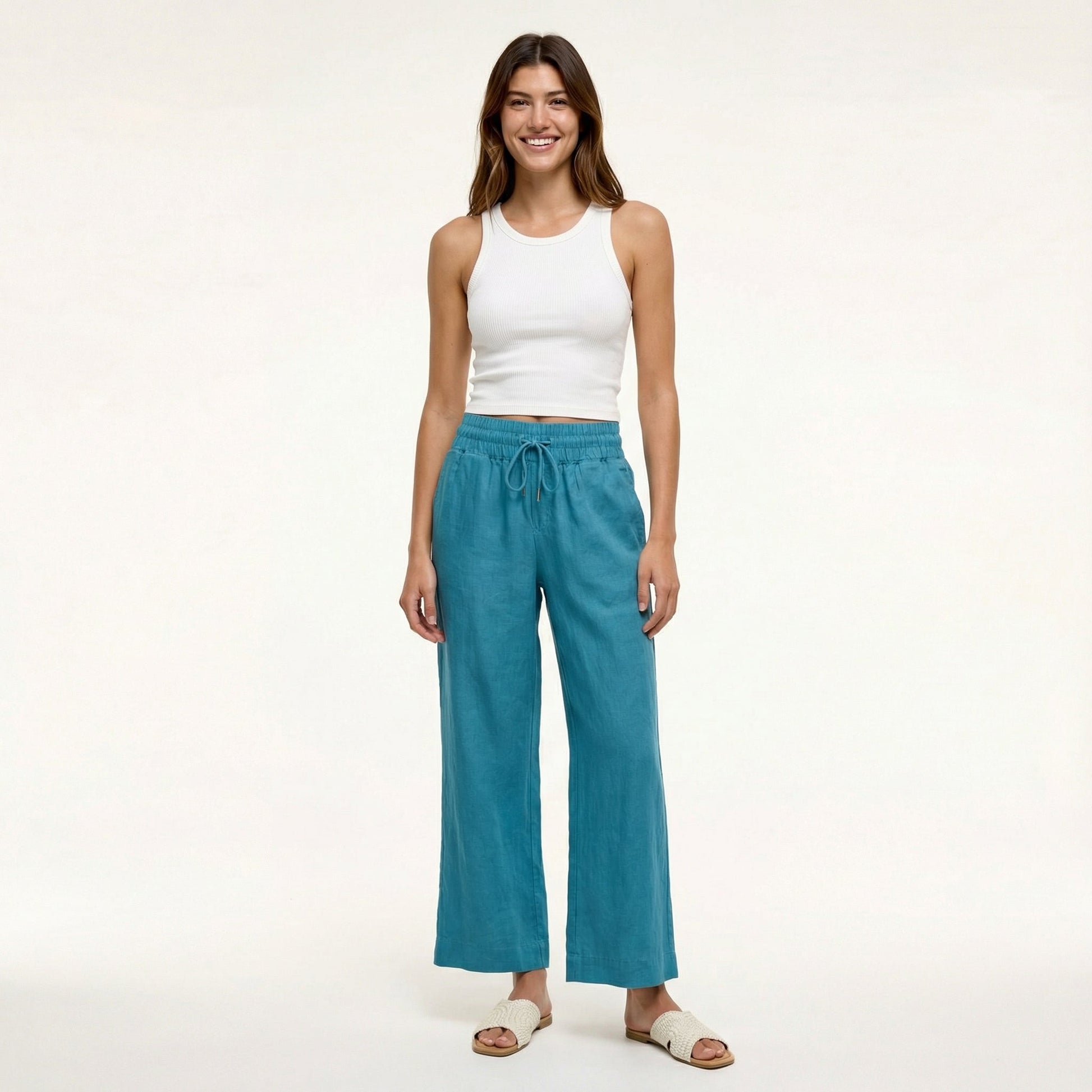European Linen Wide Leg Pants - Soft Elastic Waist, Pockets, Breathable Comfort 0