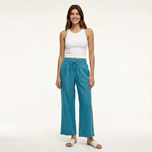 European Linen Wide Leg Pants - Soft Elastic Waist, Pockets, Breathable Comfort 0