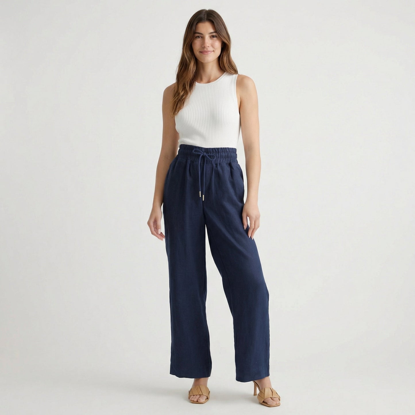 European Linen Wide Leg Pants - Soft Elastic Waist, Pockets, Breathable Comfort 5