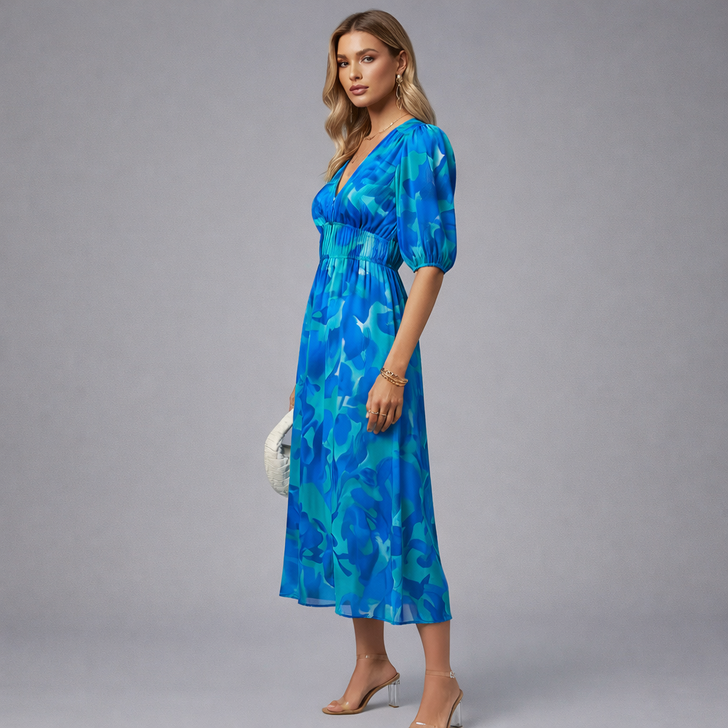 Floral Midi Dress Puff Sleeve