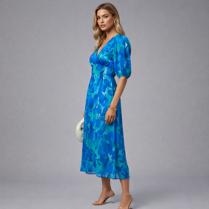 Floral Midi Dress Puff Sleeve