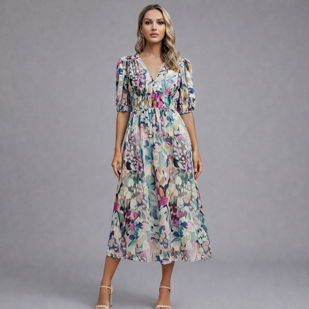 Floral Midi Dress Puff Sleeve