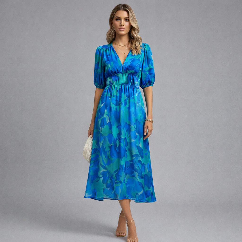 Floral Midi Dress Puff Sleeve