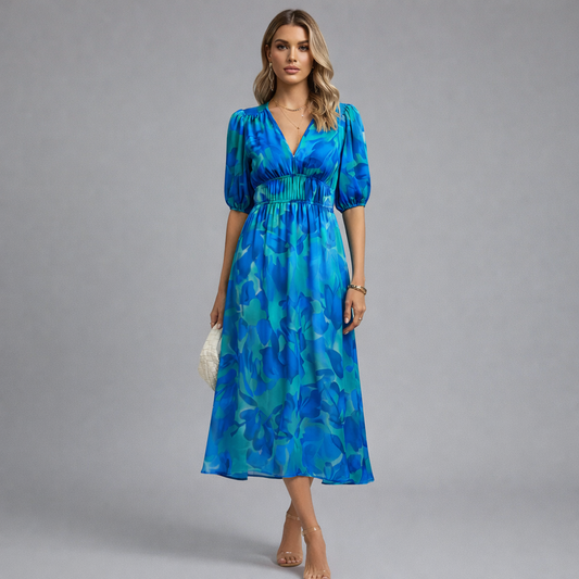 Floral Midi Dress Puff Sleeve