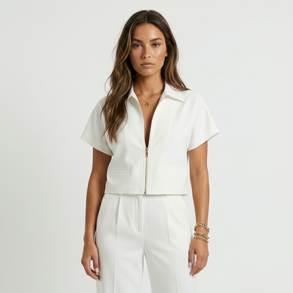 Cropped Zip Front Collared Top