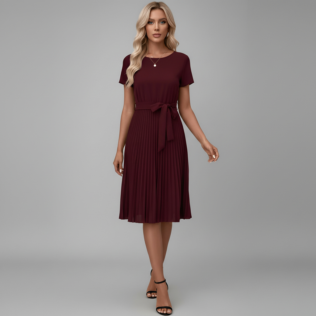 Graceful Pleated Midi Dress Belt