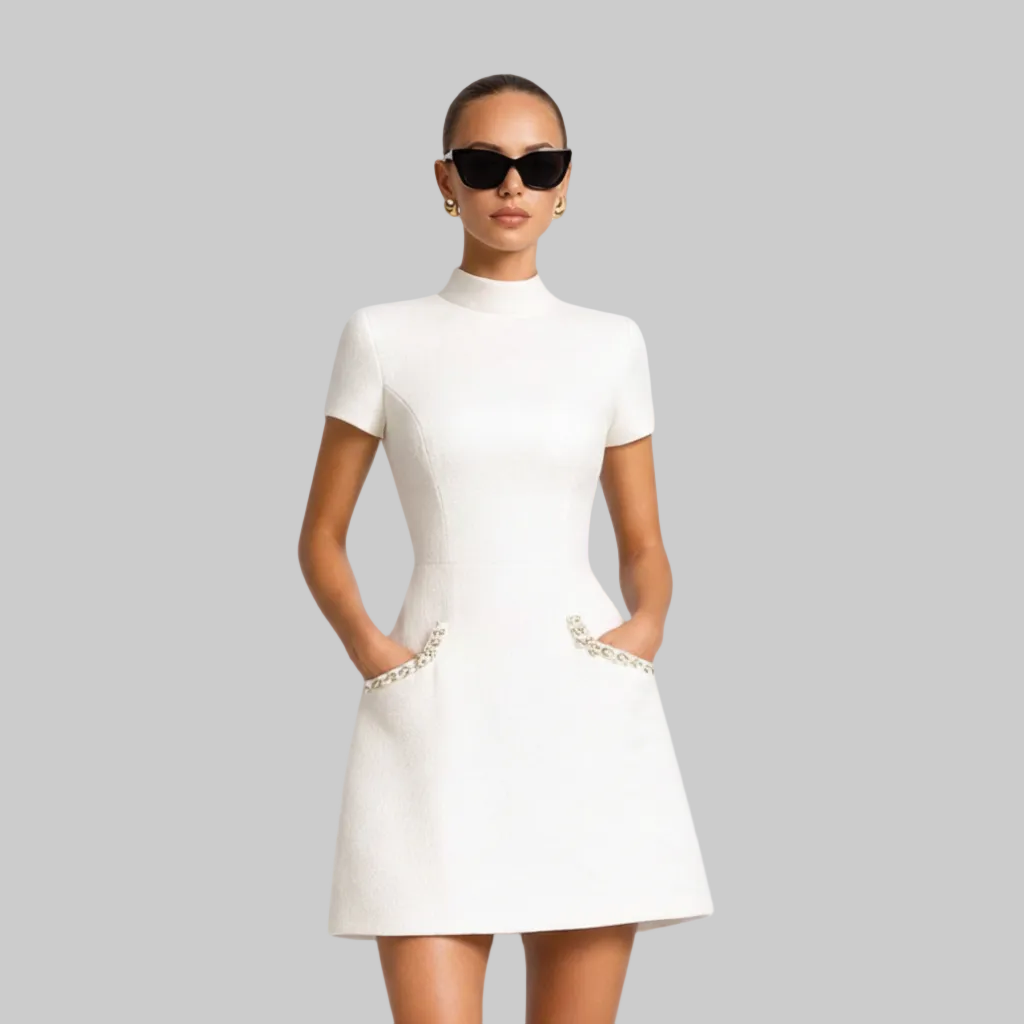 Luxe Pearl Trim Mini Dress Pocket