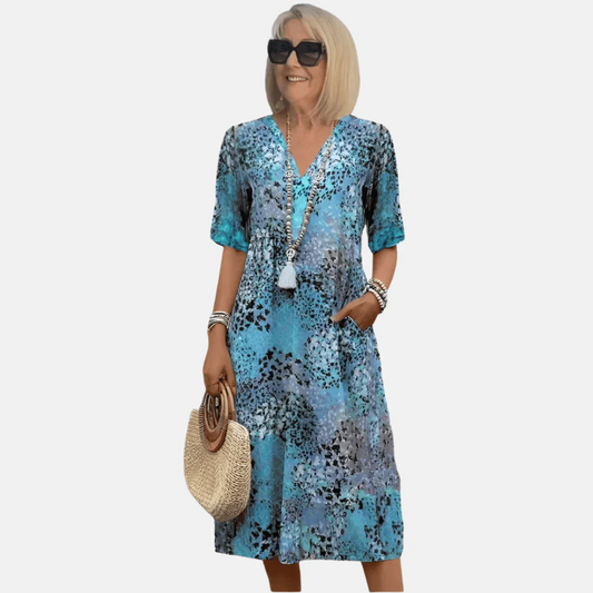 Lightweight A-Line Summer Dress with V-Neck and Retro Print 0