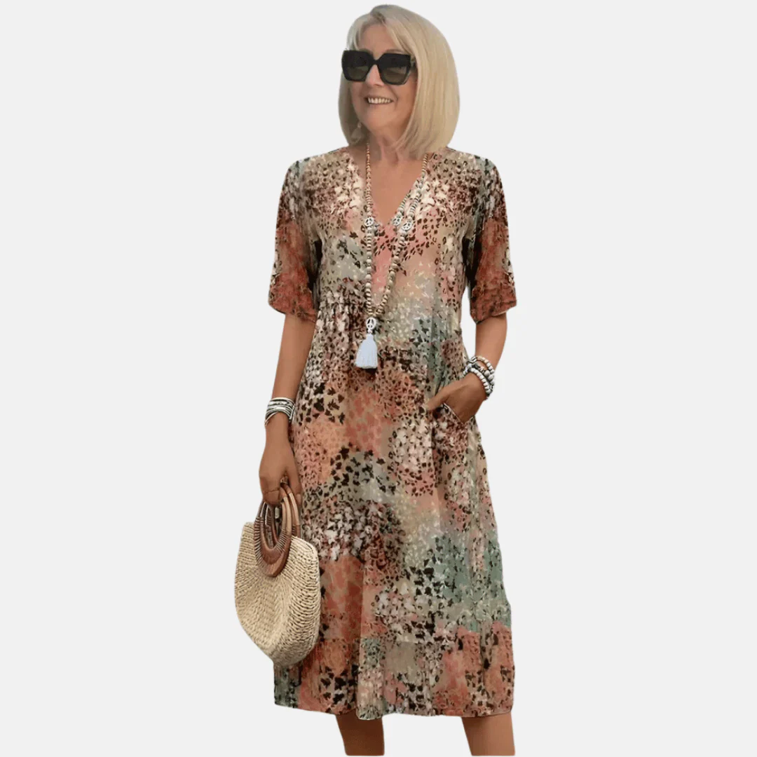 Lightweight A-Line Summer Dress with V-Neck and Retro Print 1