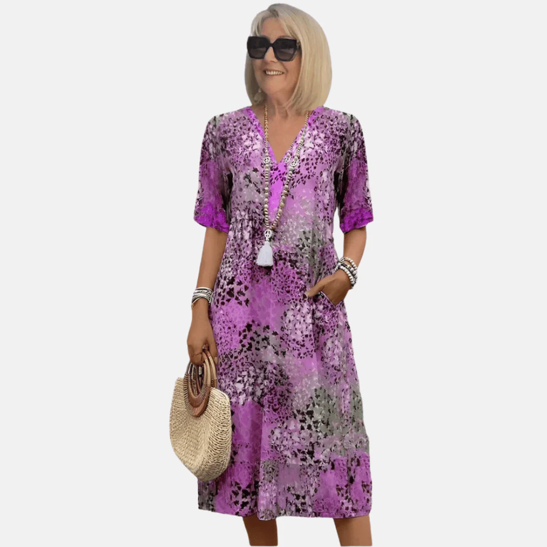 Lightweight A-Line Summer Dress with V-Neck and Retro Print 2
