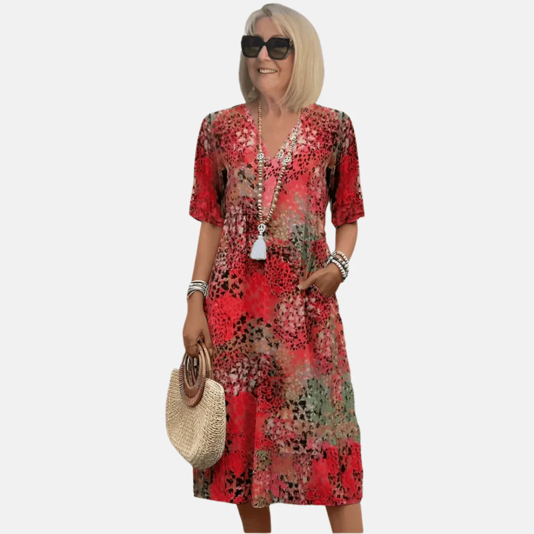 Lightweight A-Line Summer Dress with V-Neck and Retro Print 3