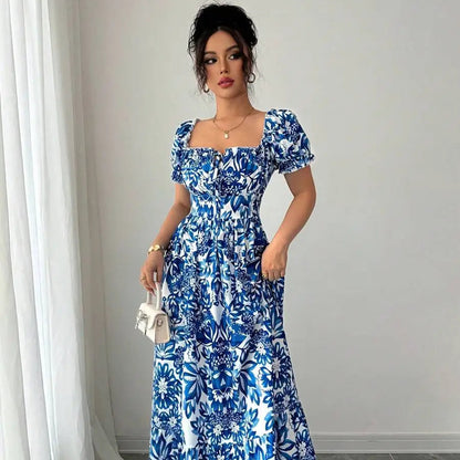 Elegant Floral Bubble Sleeve Dress