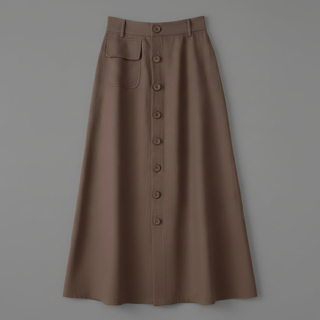 Button Front Midi Skirt with Flattering High Waist Fit