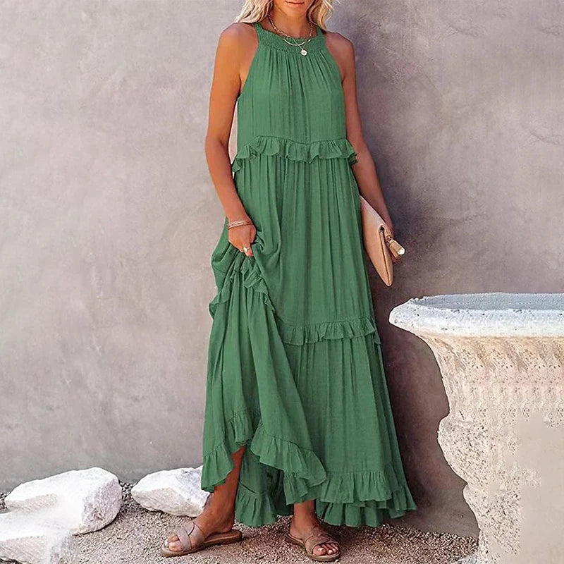 Elegant Ruffle Accent Maxi Dress with Timeless Appeal