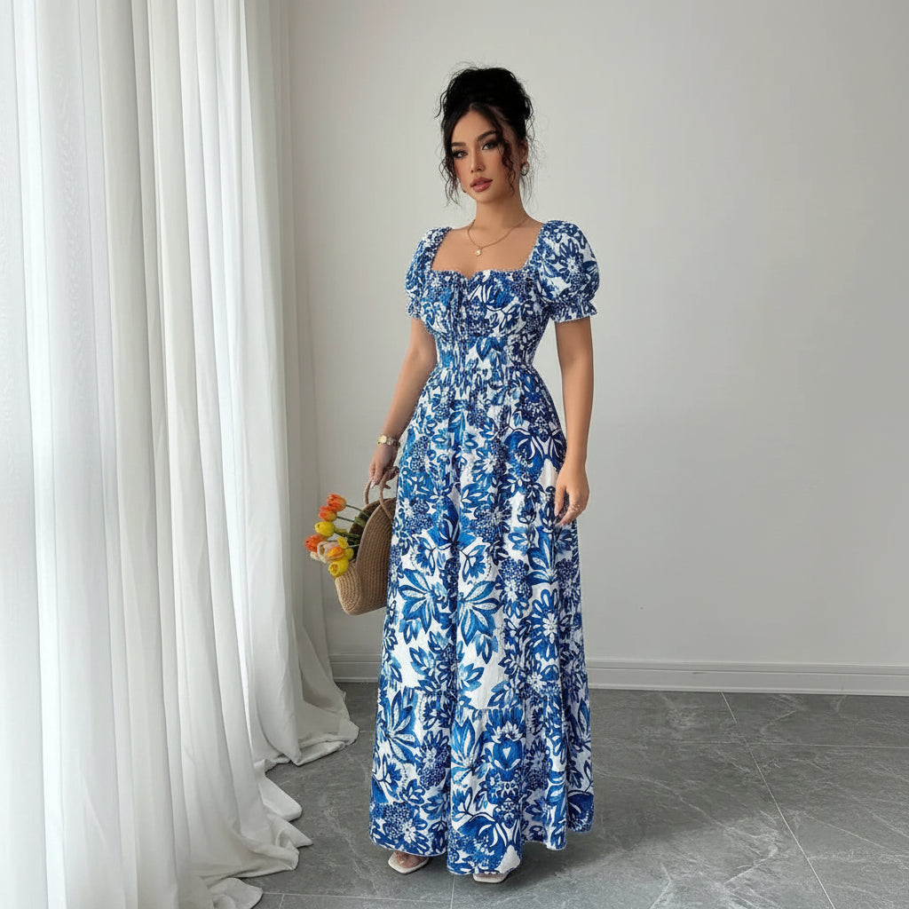 Elegant Floral Bubble Sleeve Dress