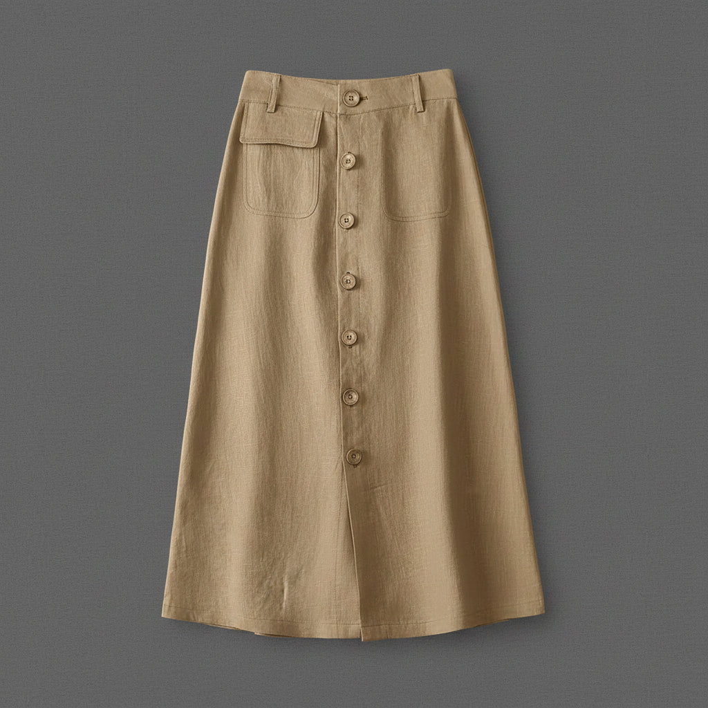 Button Front Midi Skirt with Flattering High Waist Fit