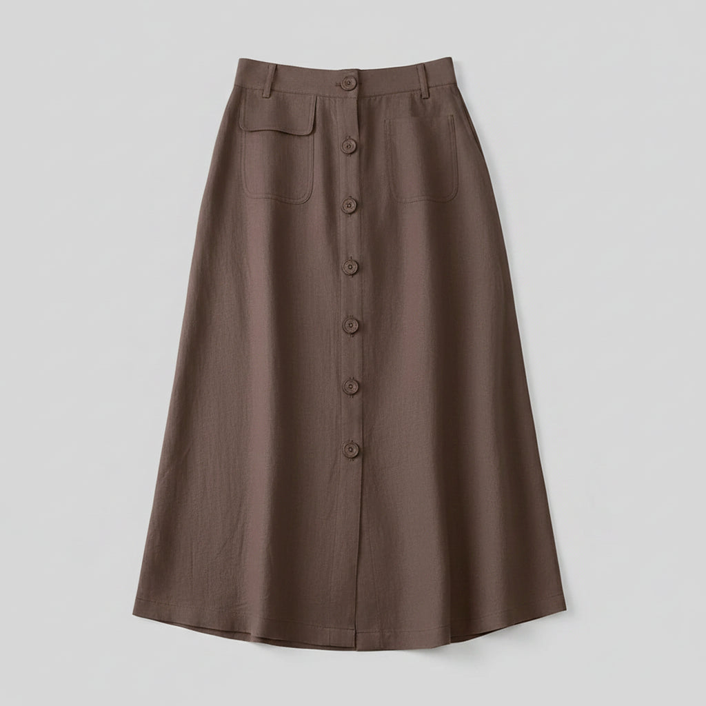 Button Front Midi Skirt with Flattering High Waist Fit