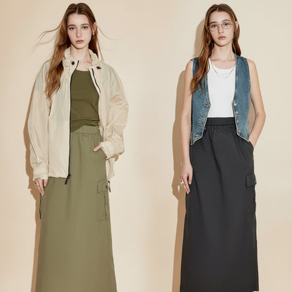 Workwear Inspired Mid Length Skirt with Functional Design