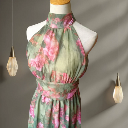 Retro Floral Halter Maxi Dress