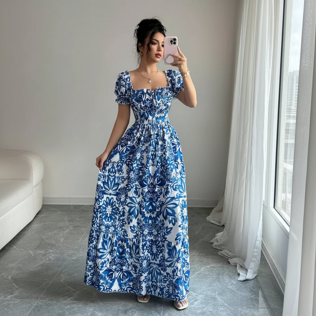 Elegant Floral Bubble Sleeve Dress