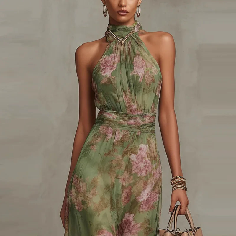 Retro Floral Halter Maxi Dress