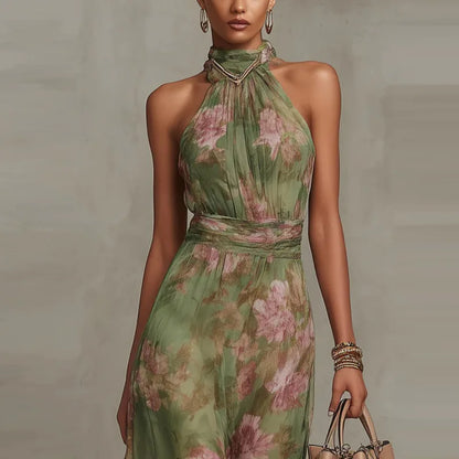 Retro Floral Halter Maxi Dress