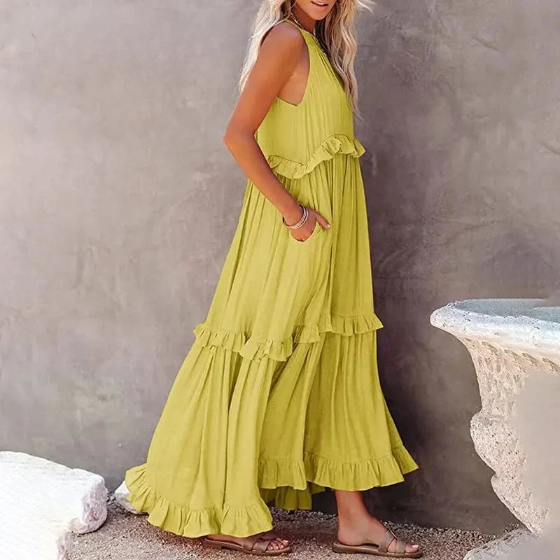 Elegant Ruffle Accent Maxi Dress with Timeless Appeal