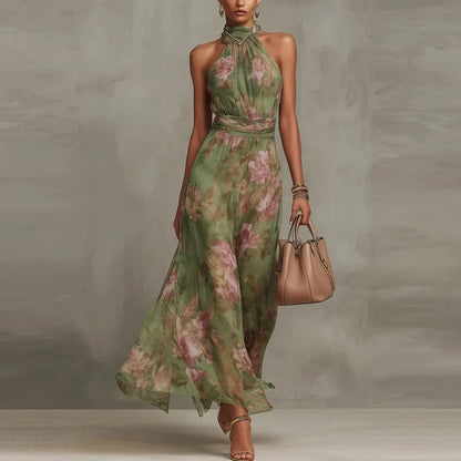Retro Floral Halter Maxi Dress