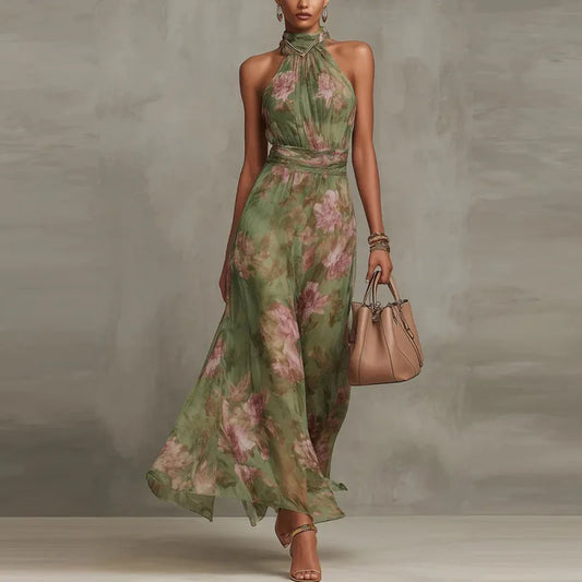Retro Floral Halter Maxi Dress