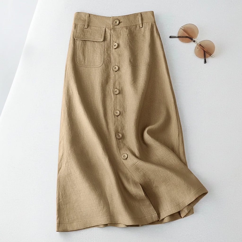 Button Front Midi Skirt with Flattering High Waist Fit