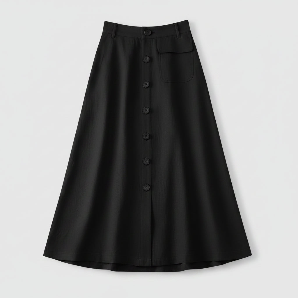 Button Front Midi Skirt with Flattering High Waist Fit