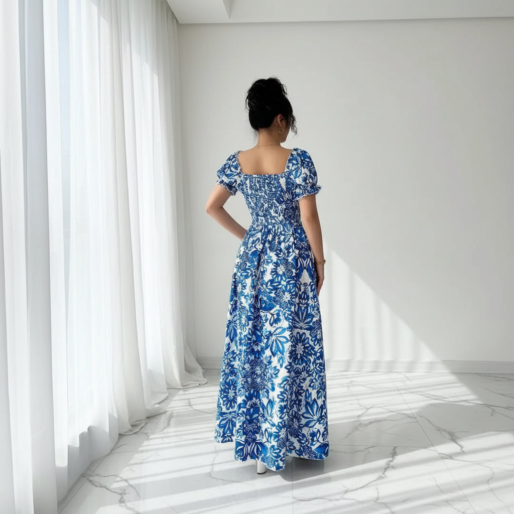 Elegant Floral Bubble Sleeve Dress