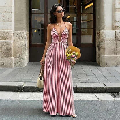 Stylish Striped Women's Dress - Deep V-Neck Backless Summer Maxi Dress 4