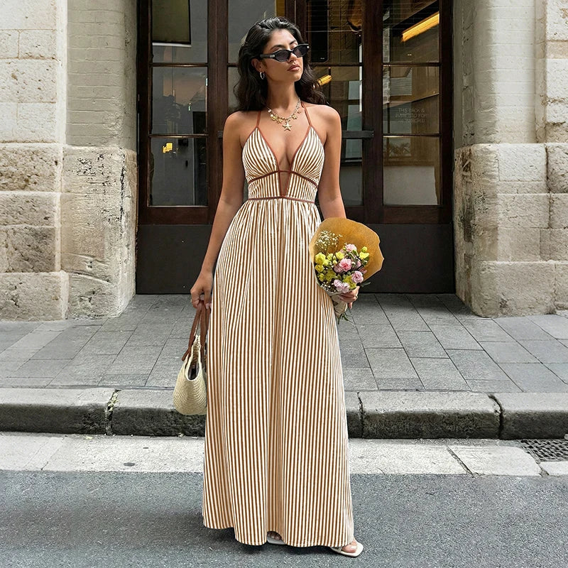 Stylish Striped Women's Dress - Deep V-Neck Backless Summer Maxi Dress 6