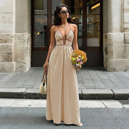 Stylish Striped Women's Dress - Deep V-Neck Backless Summer Maxi Dress 6