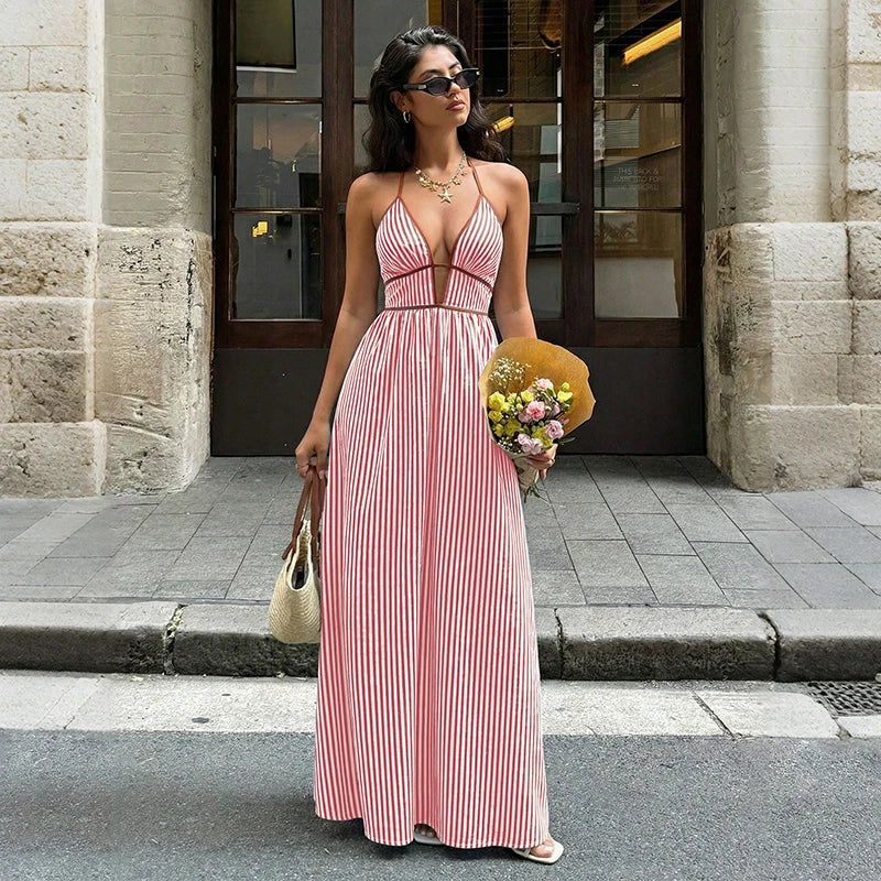 Stylish Striped Women's Dress - Deep V-Neck Backless Summer Maxi Dress 8