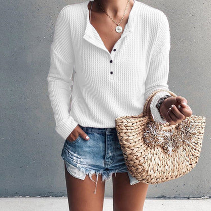 Stylish Waffle Knit Long-Sleeve Shirt with Flattering V-Neckline 6