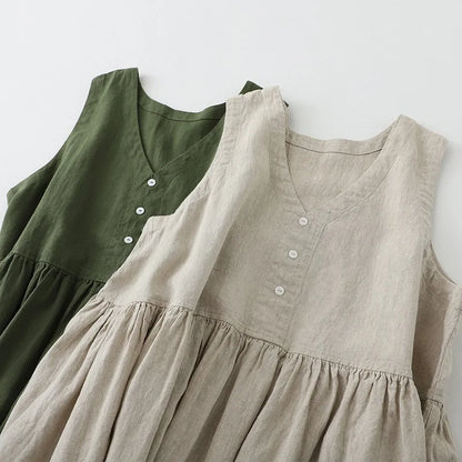 Summer Breeze - Casual Cotton Linen Sleeveless Midi Dress with V Neck 1