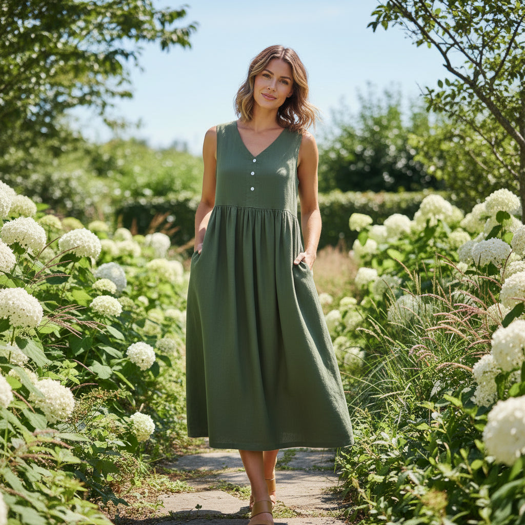 Summer Breeze - Casual Cotton Linen Sleeveless Midi Dress with V Neck 2