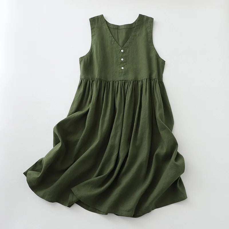 Summer Breeze - Casual Cotton Linen Sleeveless Midi Dress with V Neck 3