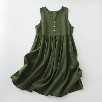 Summer Breeze - Casual Cotton Linen Sleeveless Midi Dress with V Neck 3