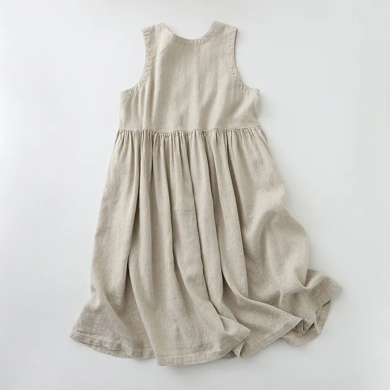 Summer Breeze - Casual Cotton Linen Sleeveless Midi Dress with V Neck 4