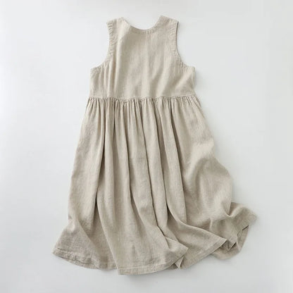 Summer Breeze - Casual Cotton Linen Sleeveless Midi Dress with V Neck 4
