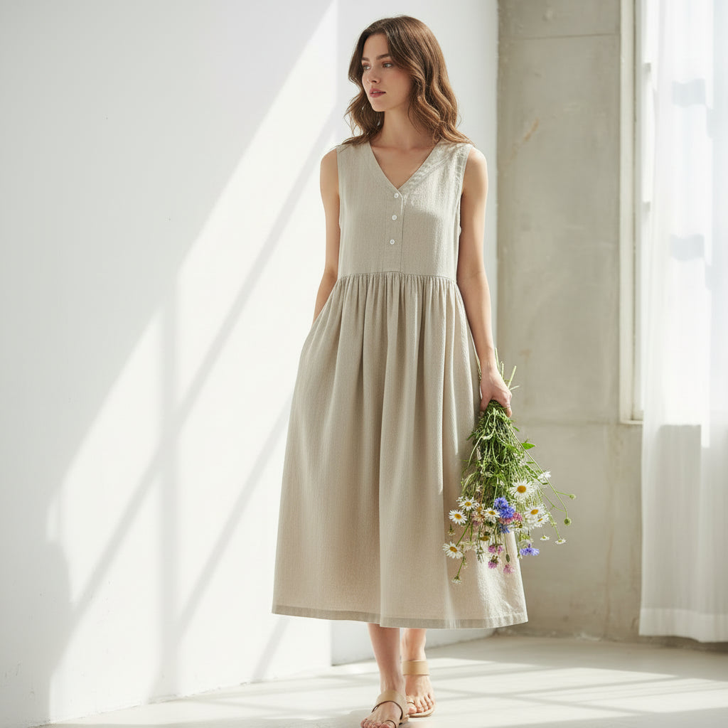Summer Breeze - Casual Cotton Linen Sleeveless Midi Dress with V Neck 5