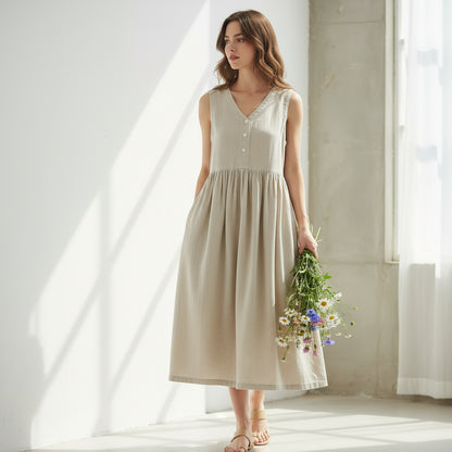 Summer Breeze - Casual Cotton Linen Sleeveless Midi Dress with V Neck 5