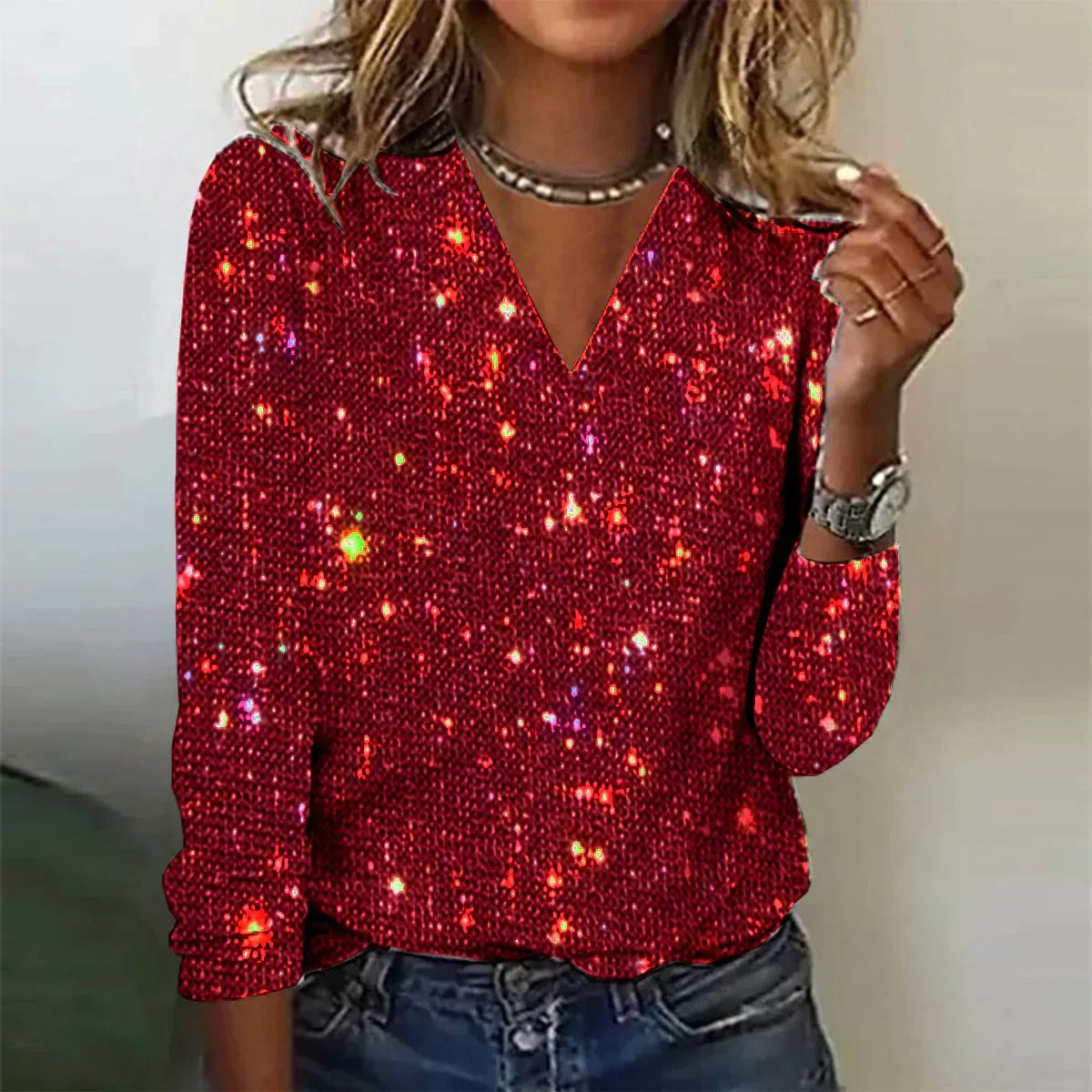 V-Neck Women's Sweater with Sparkling Sequin Detail for Autumn Elegance 1
