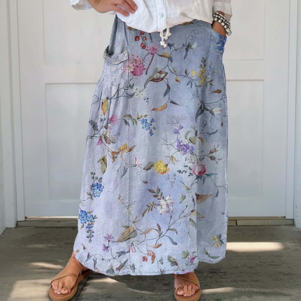 Vintage Blue Print A-Line Skirt in Lightweight Linen with Pockets 0